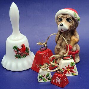 HOLIDAY CLEARANCE Vintage Christmas Bells Jasco Critter Dog Milk Glass Cardinal